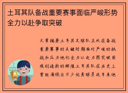 土耳其队备战重要赛事面临严峻形势全力以赴争取突破