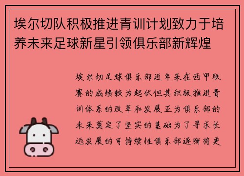 埃尔切队积极推进青训计划致力于培养未来足球新星引领俱乐部新辉煌