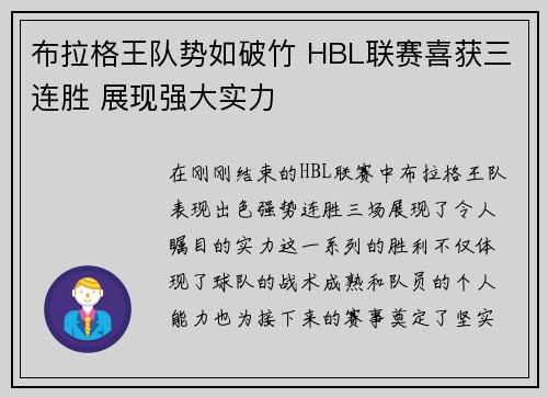 布拉格王队势如破竹 HBL联赛喜获三连胜 展现强大实力