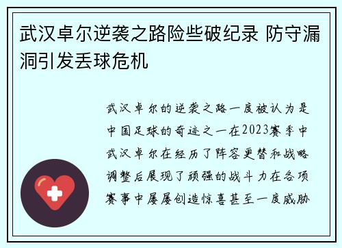 武汉卓尔逆袭之路险些破纪录 防守漏洞引发丢球危机