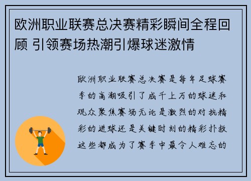 欧洲职业联赛总决赛精彩瞬间全程回顾 引领赛场热潮引爆球迷激情