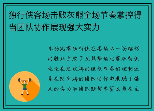 独行侠客场击败灰熊全场节奏掌控得当团队协作展现强大实力