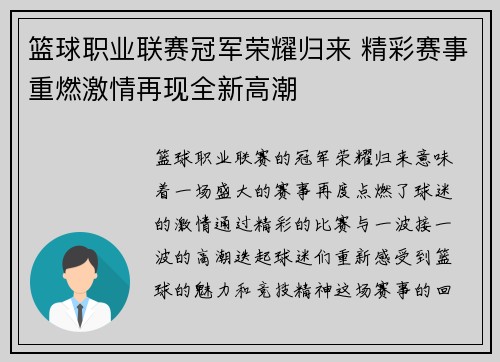 篮球职业联赛冠军荣耀归来 精彩赛事重燃激情再现全新高潮