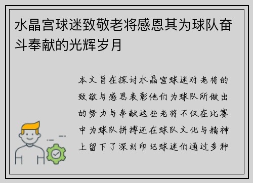 水晶宫球迷致敬老将感恩其为球队奋斗奉献的光辉岁月