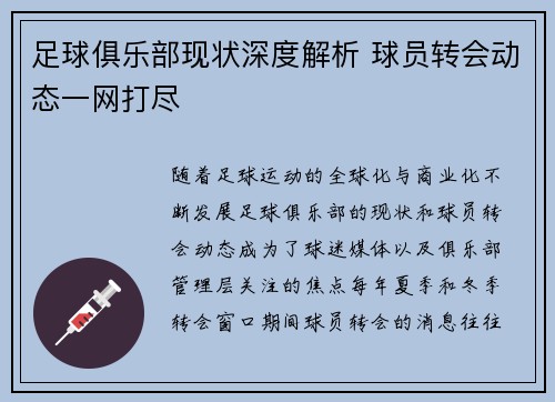足球俱乐部现状深度解析 球员转会动态一网打尽